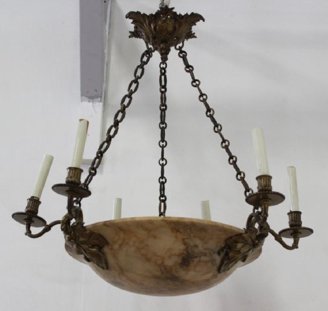 Neoclassic Style Gilt Metal & Alabaster Chandelier: 6-light. Approx. 24 1/2" H x 24 1/2" diameter.