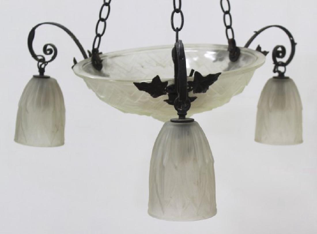 Art Deco Frosted Glass & Wrought Iron Chandelier: 4-light. Approx. 18" H x 22" diameter. Small crack in dome shade.