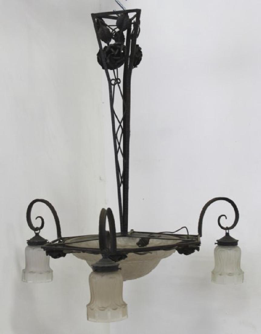 Art Deco 4-Light Chandelier: Frosted and clear glass. Approx. 31" H x 30" diameter.