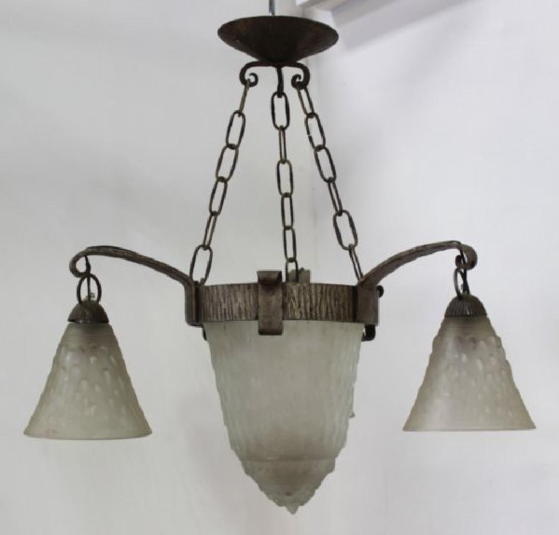 Art Deco Frosted Glass & Wrought Iron Chandelier: 3-arm. Approx. 21 3/4" H x 20" diameter.