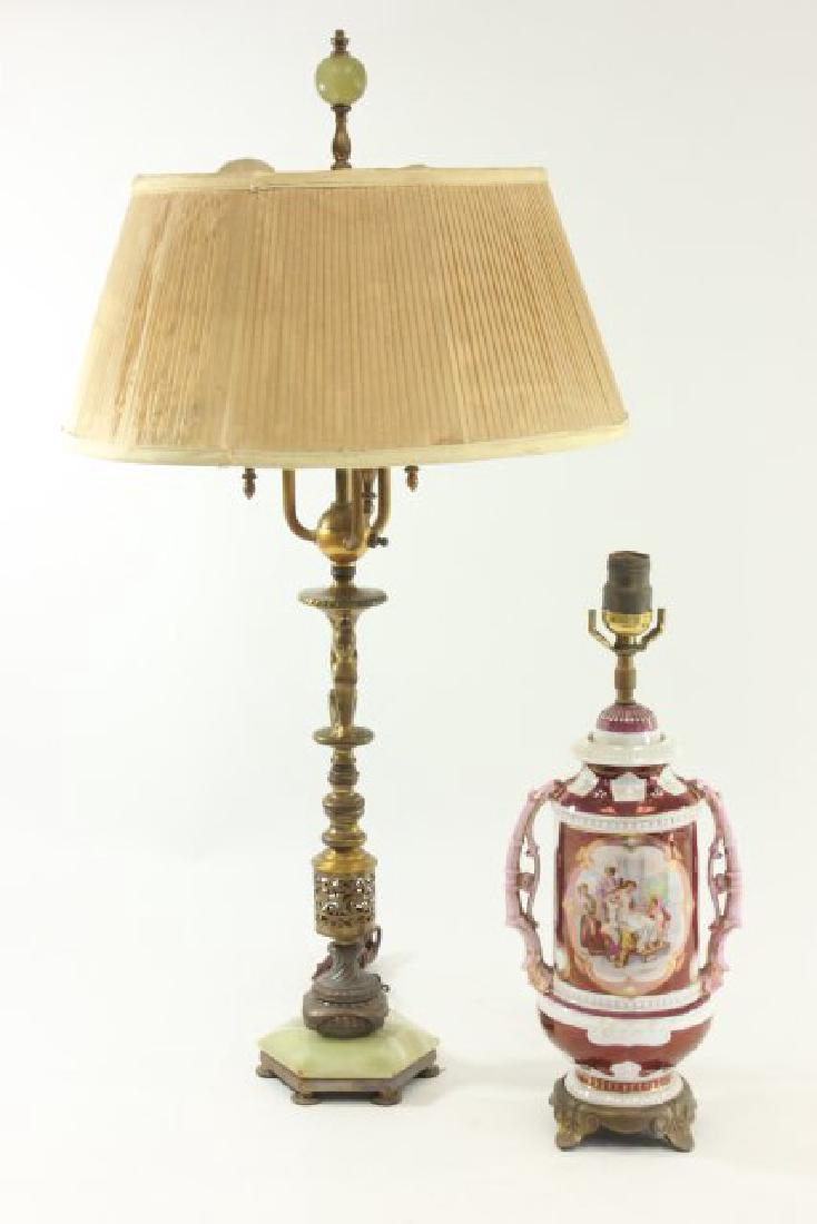 2 Lamps: Porcelain scenic, approx. 30" H up to finial; and empire figural with onyx inserts, approx. 32" H up to finial.