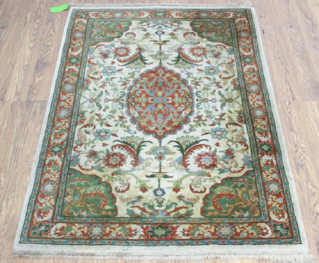 Tan Indo-Persian Handmade Rug/Carpet: Center medallion. Approx. 74" x 48". (7016)