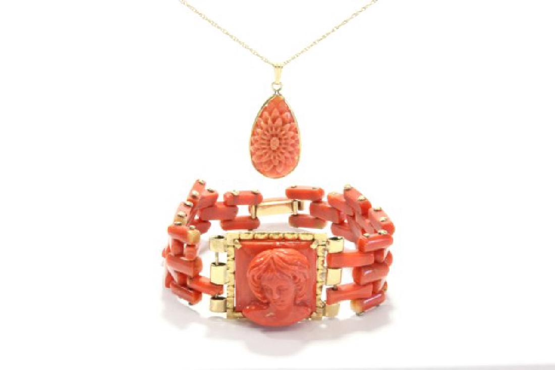 Carved Coral Bracelet & Pendant on Gold Chain (1 of 4)