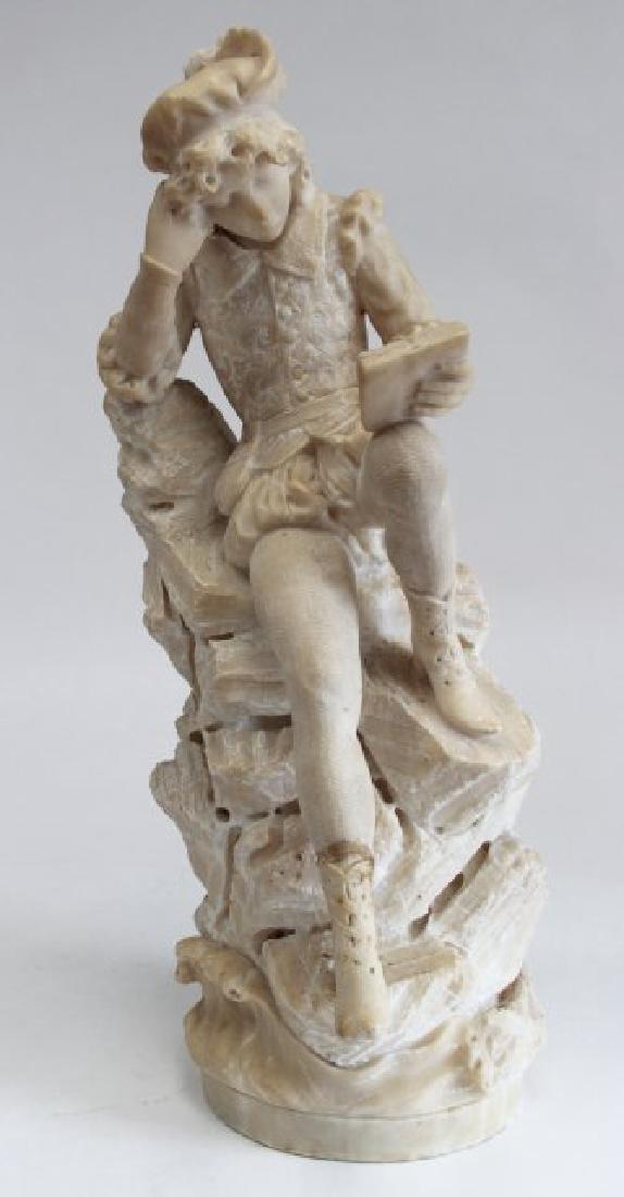 Alabaster Figure of Seated Man with Book: Approx. 23 1/2" H. Some chips. Repair to foot.