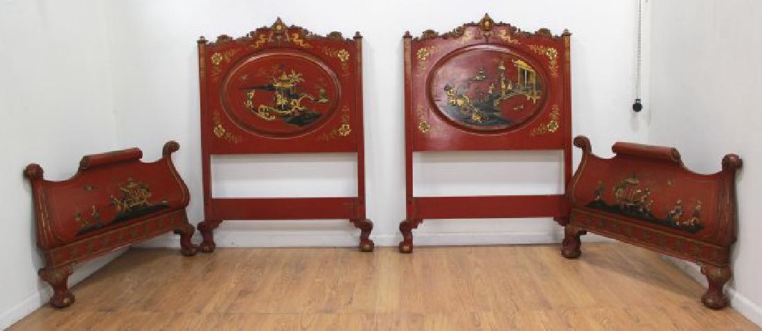 Pair Red Lacquered Carved Chinoiserie Single Beds (1 of 9)