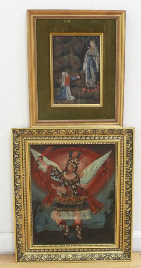 Cuzco School Oil on Canvas with Oil on Copper: Oil on canvas approx. 16" x 13" unframed, 20" x 17" framed; oil on copper approx. 10" x 6 1/2" sight, 16" x 12 1/2" framed. Oil on canvas relined.