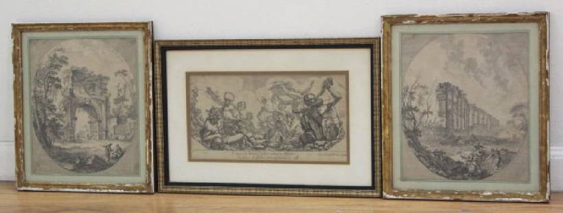 Jean-Baptiste Le Prince, Roman Ruins & Engraving: Jean-Baptiste Le Prince, pair old master French engravings of Roman ruins, approx. 10" x 9" sight, 13" x 12" framed. Old master German engraving after Samuel Bottschild, approx. 7" x 12" sight, 12" x