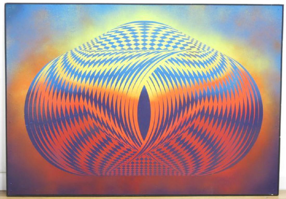 Michael Crane, "Polyhaze": Mixed media on board. Signed, titled, and dated 1980 on rear. Label rear. Approx. 33" H x 48" W framed. (4165)