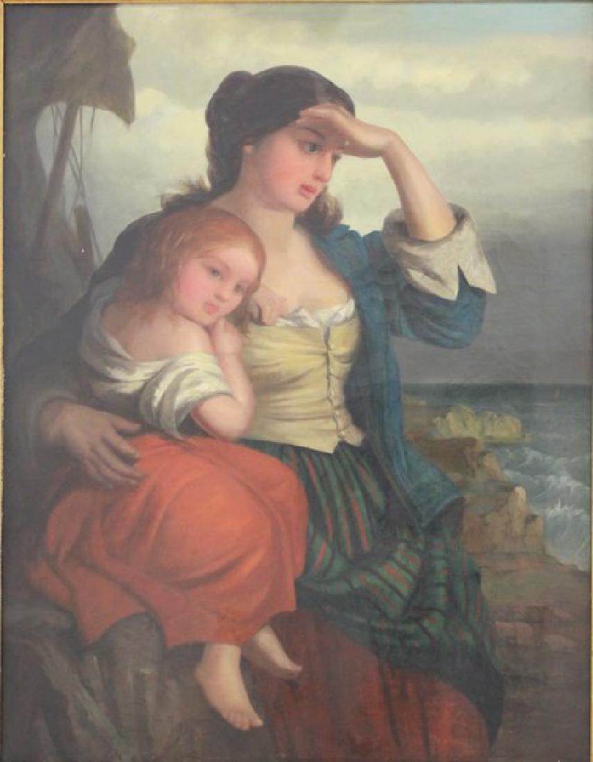 Mother & Child: Oil on canvas. Gilt framed. 19th century. Approx. 33 1/2" x 26 1/4" canvas, 40 1/2" x 32" frame.