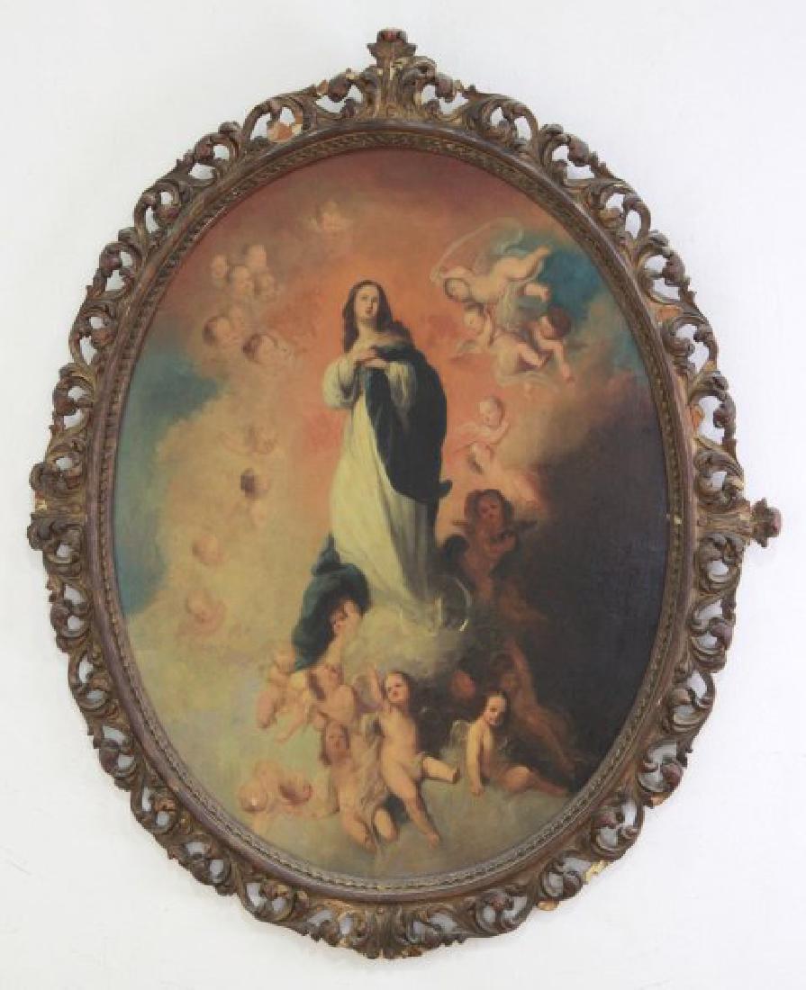 Oval Religious Painting of St. Mary: Oil on board. Approx. 32" x 25" image, 40" x 33" with frame. Some losses to frame.