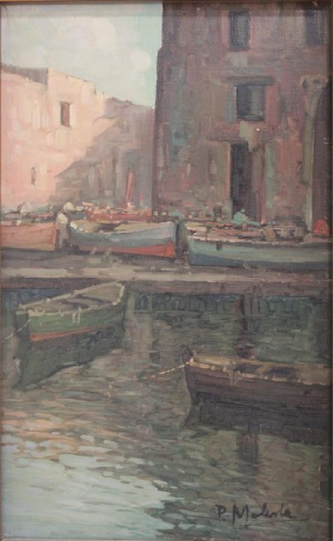 "Il Porto," Dock Scene with Boats: Oil on canvas. Signed lower right and rear. Approx. 17" x 11" image, 26 1/2" x 20 1/2" with frame.