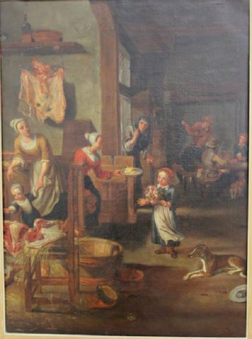 :After Teniers, Tavern Scene: Oil on canvas. Late 19th century. Approx. 31 1/2" H x 24" W sight, 45" H x 34 1/2" W framed.