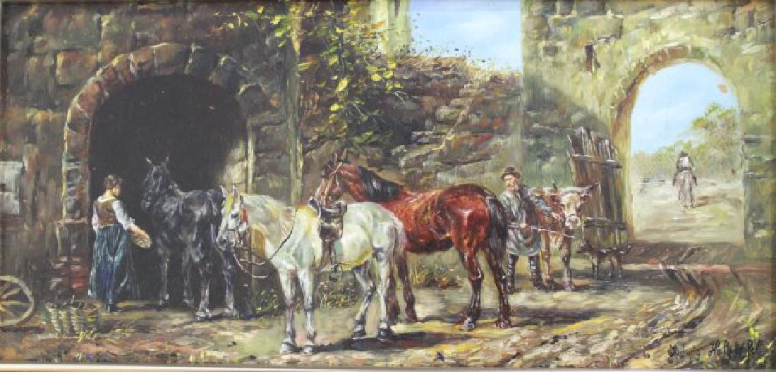Ludwig Holzapfel, Stable: Oil on board. Gilt frame. Signed. Approx. 16 3/4" x 22 1/2".