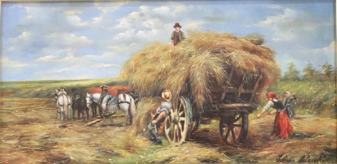 Ludwig Holzapfel, Haystack: Oil on board. Gilt frame. Signed. Approx. 16 3/4" x 22 1/2".