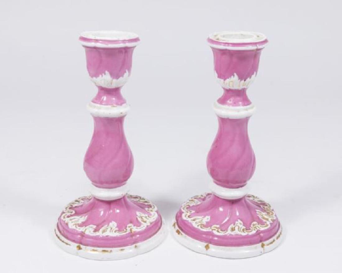 :Pair Meissen Porcelain Pink Candlesticks: Approx. 6 1/5" H. (6026) Some paint wear.