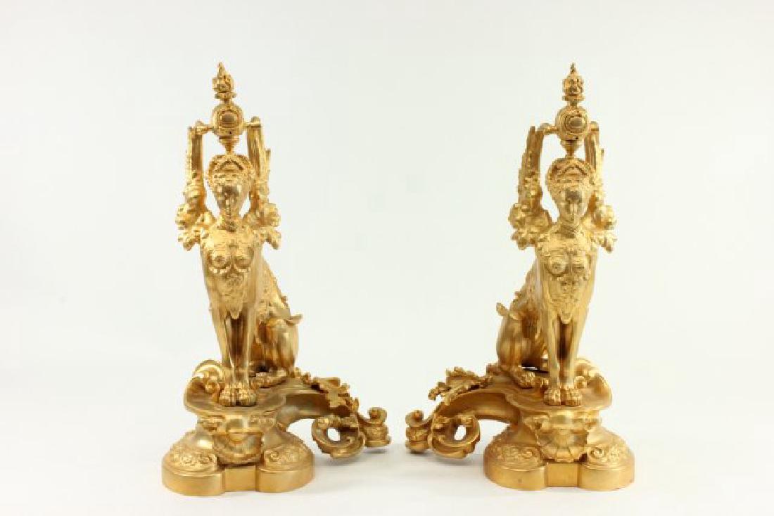 Gilt Bronze Rococo Style Chenets: Contemporary. Approx. 21" H.