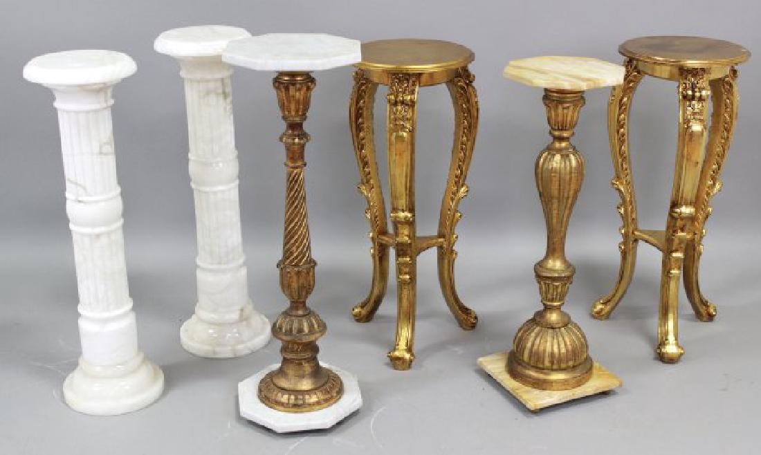 Lot 6 Pedestals: Pair giltwood, approx. 30" H; marble, approx. 31 1/2"; and 2 marble & wood, approx. 30 1/2" x 33 1/2".