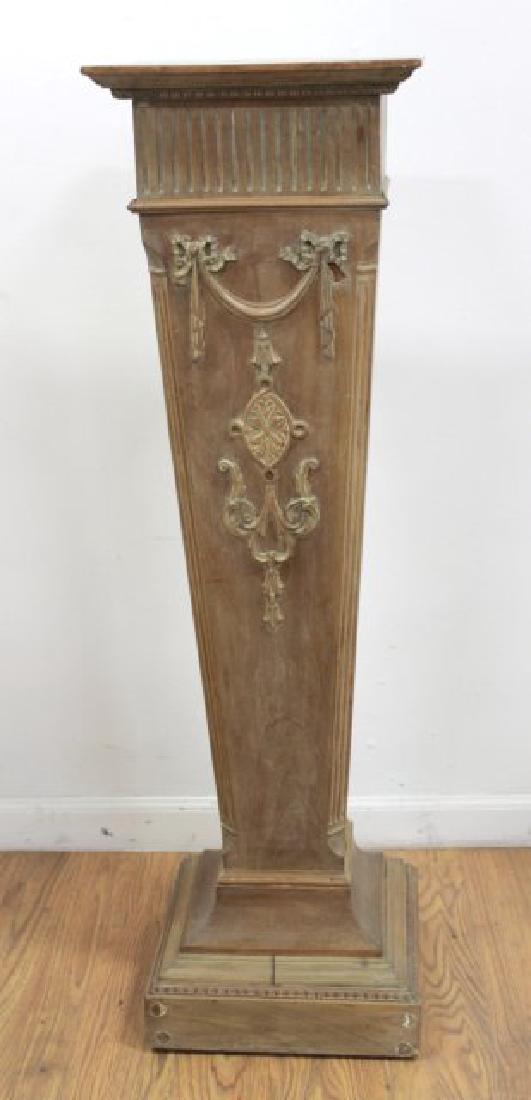 Decorative Wood Pedestal: Carving on front and rear. Approx. 44" H x 13" x 13" top.
