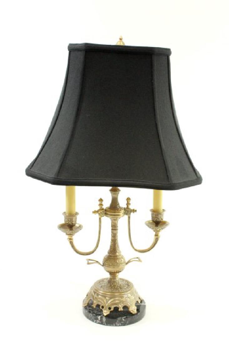Vintage Frederick Cooper Bouillotte Lamp: All brass with onyx base. Cloth shade. Approx. 25" H.