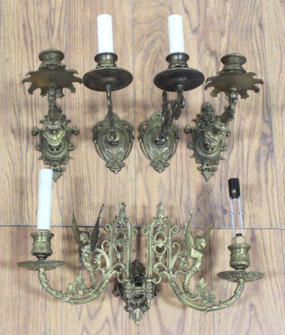 2 Pairs Brass Hinged Sconces & 2-Arm Sconce (1 of 4)