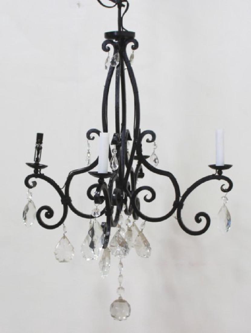Rococo Style Wrought Iron 4-Light Chandelier: Faceted glass. Approx. 26" H x 24" diameter.