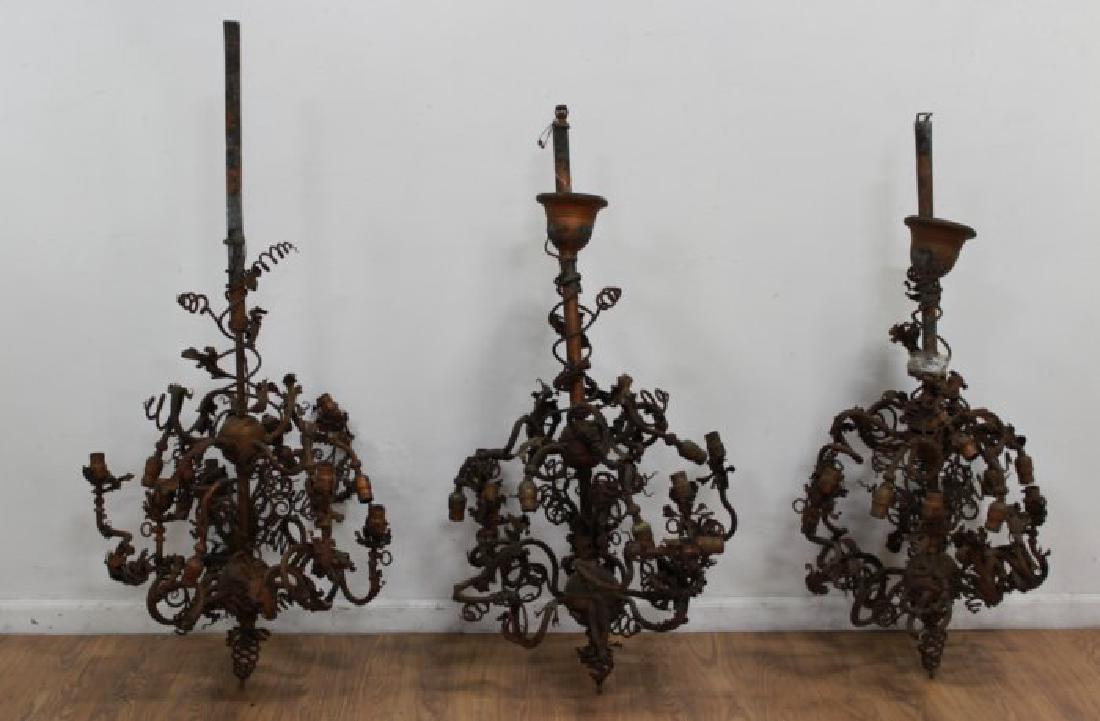 3 Victorian Copper Patinated 12-Light Chandeliers: Approx. 56" H x 20" diameter. Heavily oxidized. Arms broken. Missing parts.
