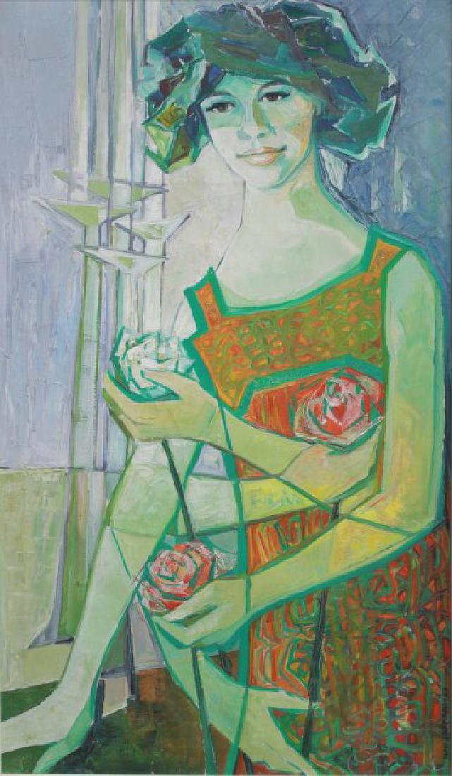 Ilmi Jaskari, Abstract Portrait of Lady w/ Flowers: Oil on canvas. Signed and dated 1967 lower right. Approx. 39" x 23" unframed, 43" x 27" framed.