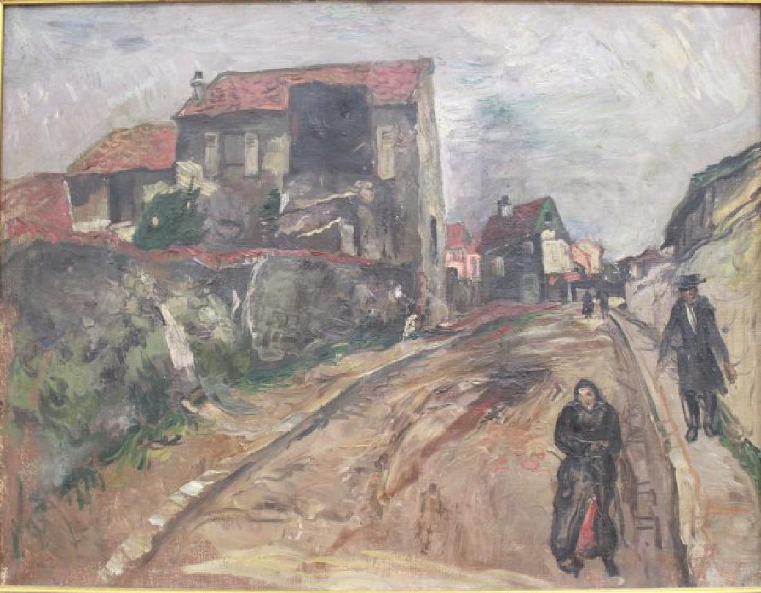French Impressionist, Village of Arcueil-Cachan: Oil on canvas. Signed lower right and signed and dated rear illegibly. Approx. 20" x 26" unframed, 24" x 30" framed. Damages and repairs.
