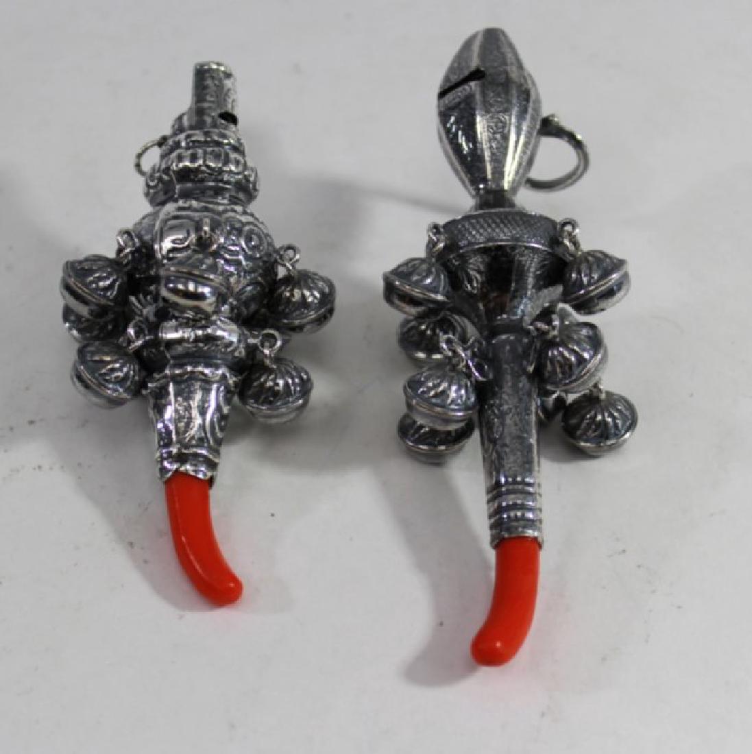 2 Silver Baby Rattles/Whistles: Contemporary. Stamped 800.