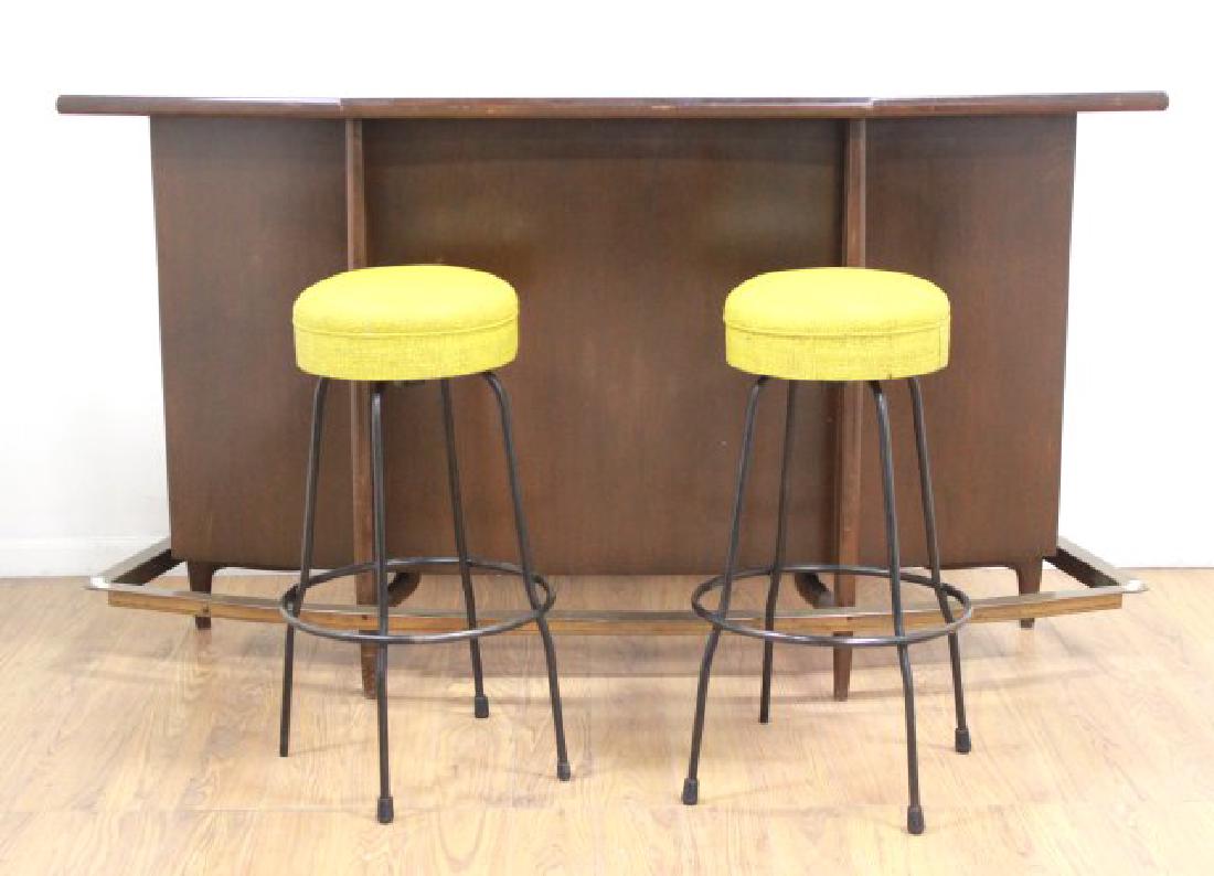 Modern Walnut Stained Bar with 2 Stools: Purchased from Wyeth. Approx. 40" H x 72" W x 24 1/2" D.
