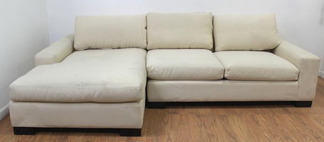 Pair Contemporary Beige Woven Cotton Recamiers: By Room + Board. Approx. 25" H x 64" W x 40 1/2" D.