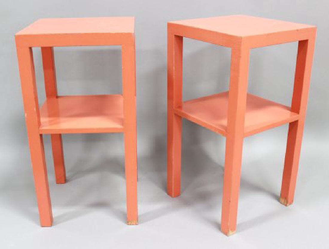 Pair 70s Orange Lacquer 2-Tier Stands: Approx. 27" H x 14" square. Chip to lacquer.