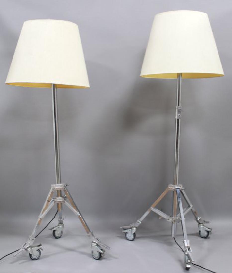 Pair Industrial Polished Metal Floor Lamps: Adjustable. Approx. 72" H.