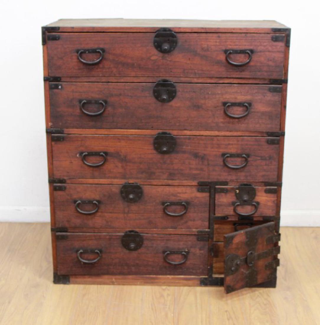 Japanese Wrought Iron & Stained Pine Tanzu: Late 19th/early 20th century. Approx. 39 3/4" H x 35" W x 15 1/4" D. (7025)