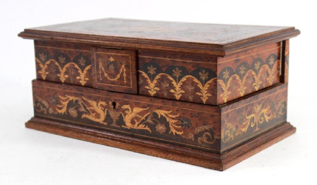 European Inlaid Wood Jewelry Casket: Renaissance style. Approx. 5" H x 11" W x 6 1/2" D.