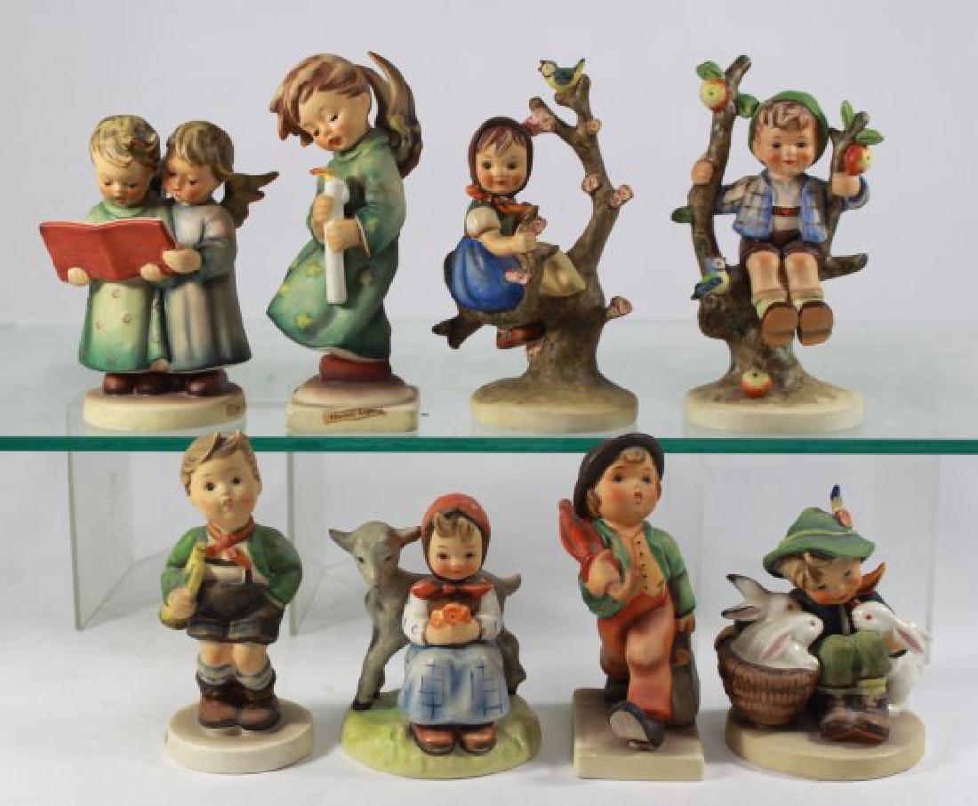 8 Piece Hummel Lot: Including Heavenly Angel, Merry Wanderer, Angel Duet, Apple Tree Boy, Trumpet Boy, Playmates, and other. Tallest approx. 6" H.