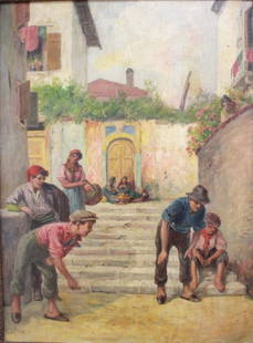 Richard Geiger, Men Pitching Coins in Alley: Oil on canvas. Richard Geiger, Austrian (1870-1945). Approx. 32" x 24" canvas, 40 1/2" x 32 1/2" frame.