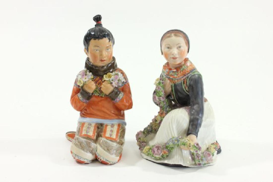 Lot 2 Royal Copenhagen Amager Figurines: Including seated girl with flowers #12412 and 12415 Gronland. Approx. 5 1/2" H. From the estate of a NYC socialite. (7037) Both with minor flower flakes.