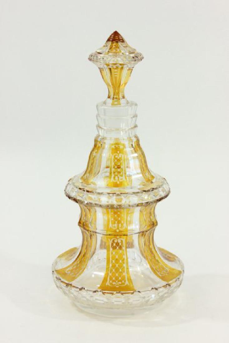 Bohemian Cut Glass Etched Decorated Decanter: Approx. 12 1/2" H. From the estate of a NYC socialite. (7037)
