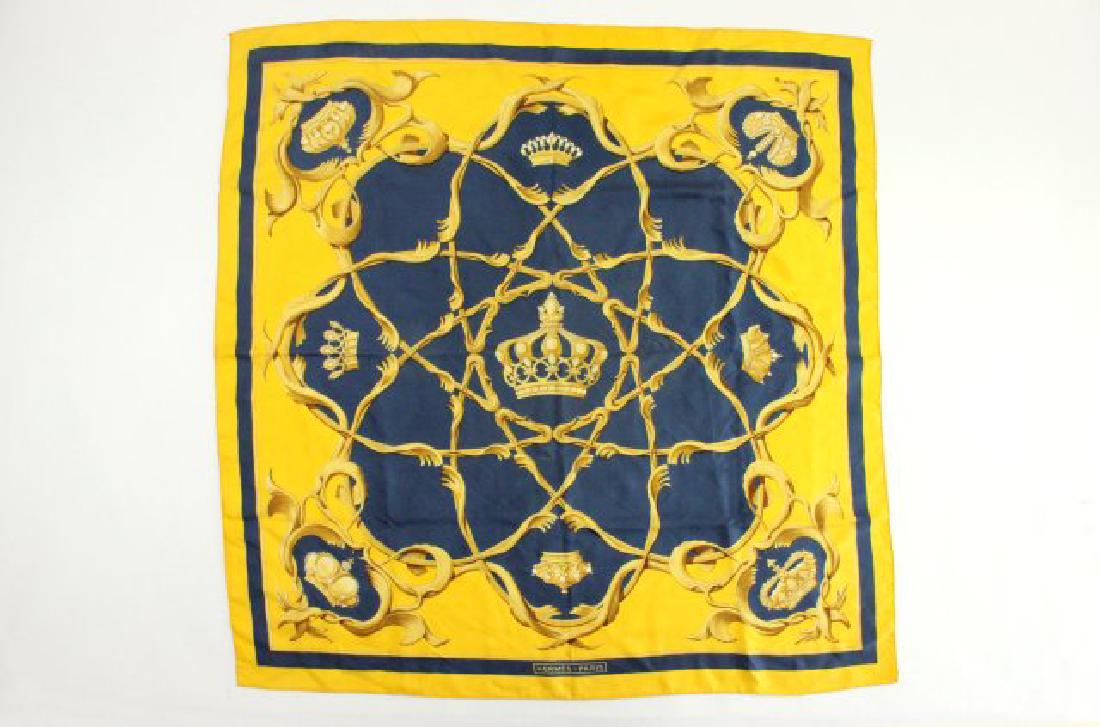 Hermès Paris "Couronnes" Crowns Silk Scarf: Blue and yellow. By Julie Abadie. 90 cm. From the estate of Bent Ove Petersen. Good condition.