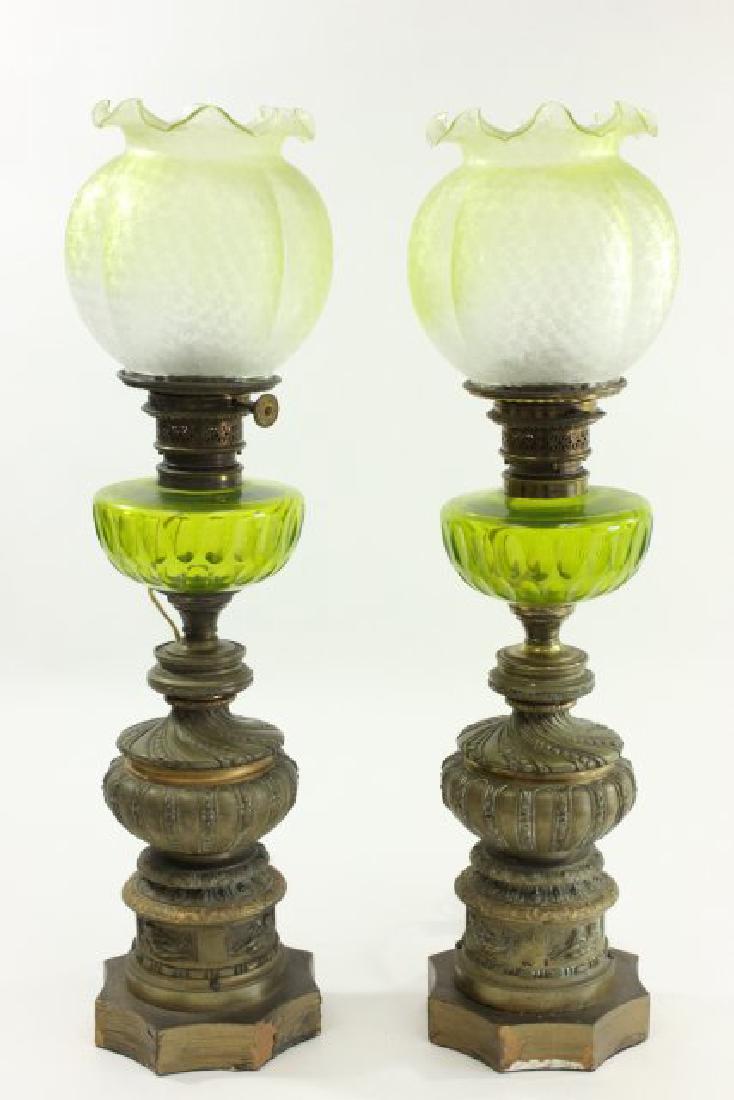Pair Bronze & Glass Electrified Oil Lamps (1 of 6)