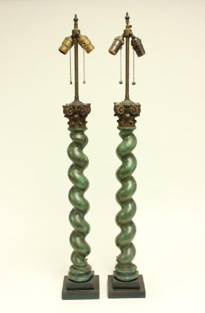 Pair Twist Wood Column Lamps: Approx. 41" H to finials. From the estate of Bent Ove Petersen.