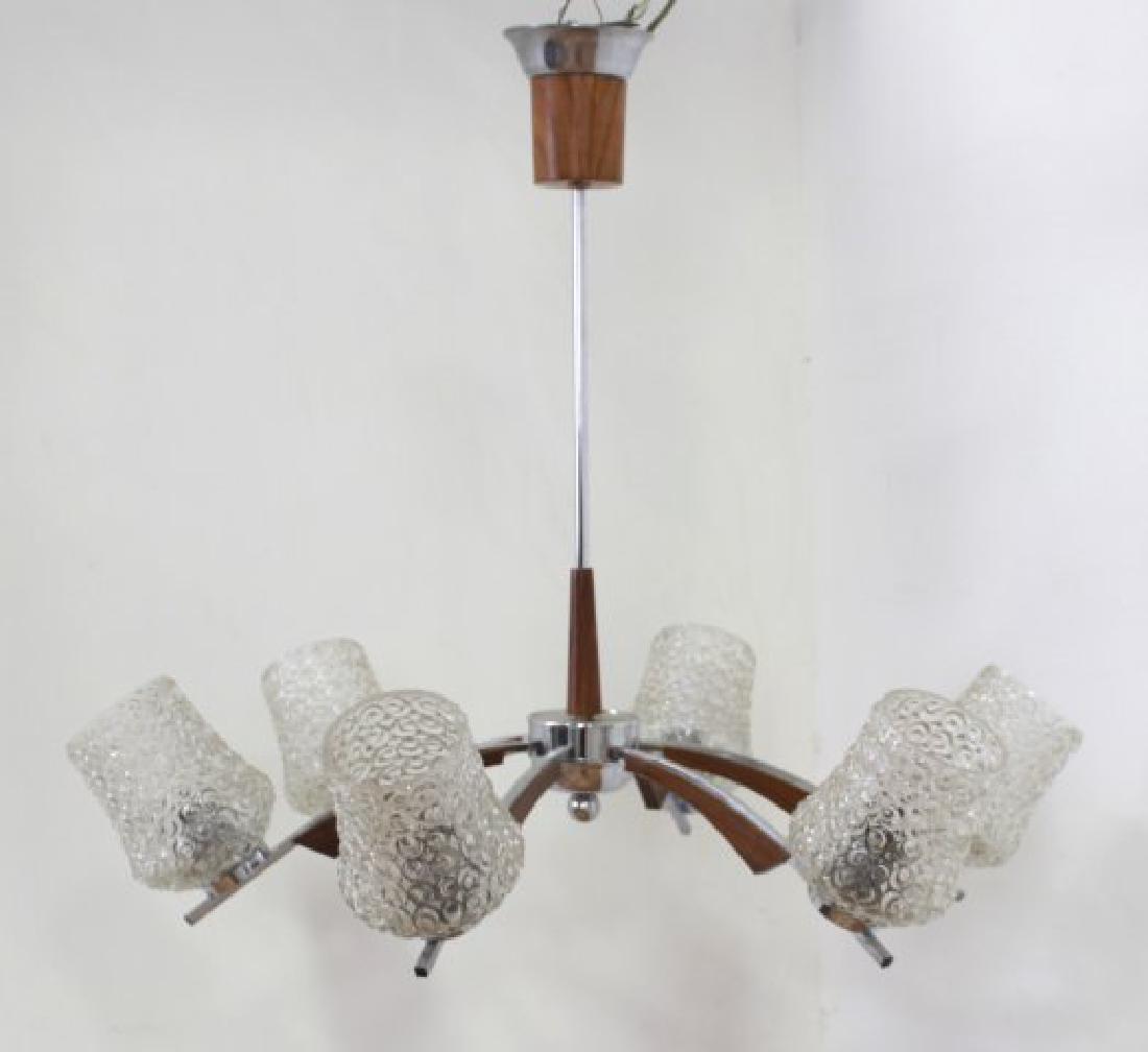 Mid-Century Modern Chrome & Wood Chandelier: Approx. 25" H x 30" W.