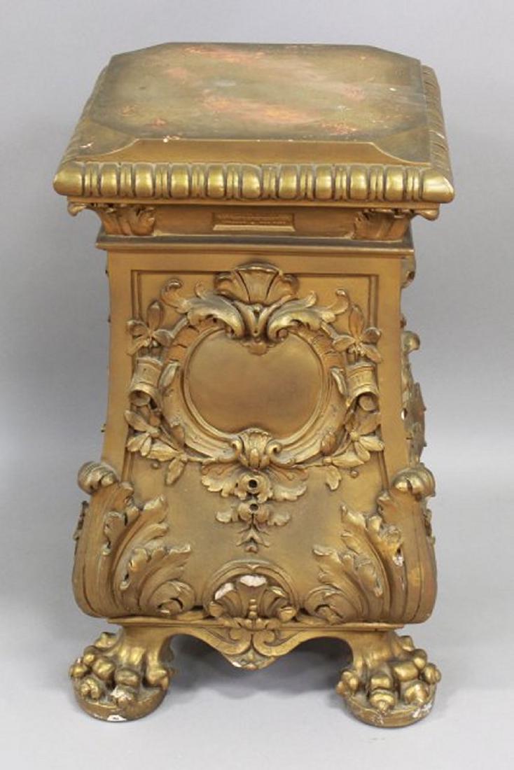 Carved Gesso Gilded Claw Foot Pedestal: Rococo style. Approx. 26" H x 15" W x 15" D. From a Buffalo, NY estate.