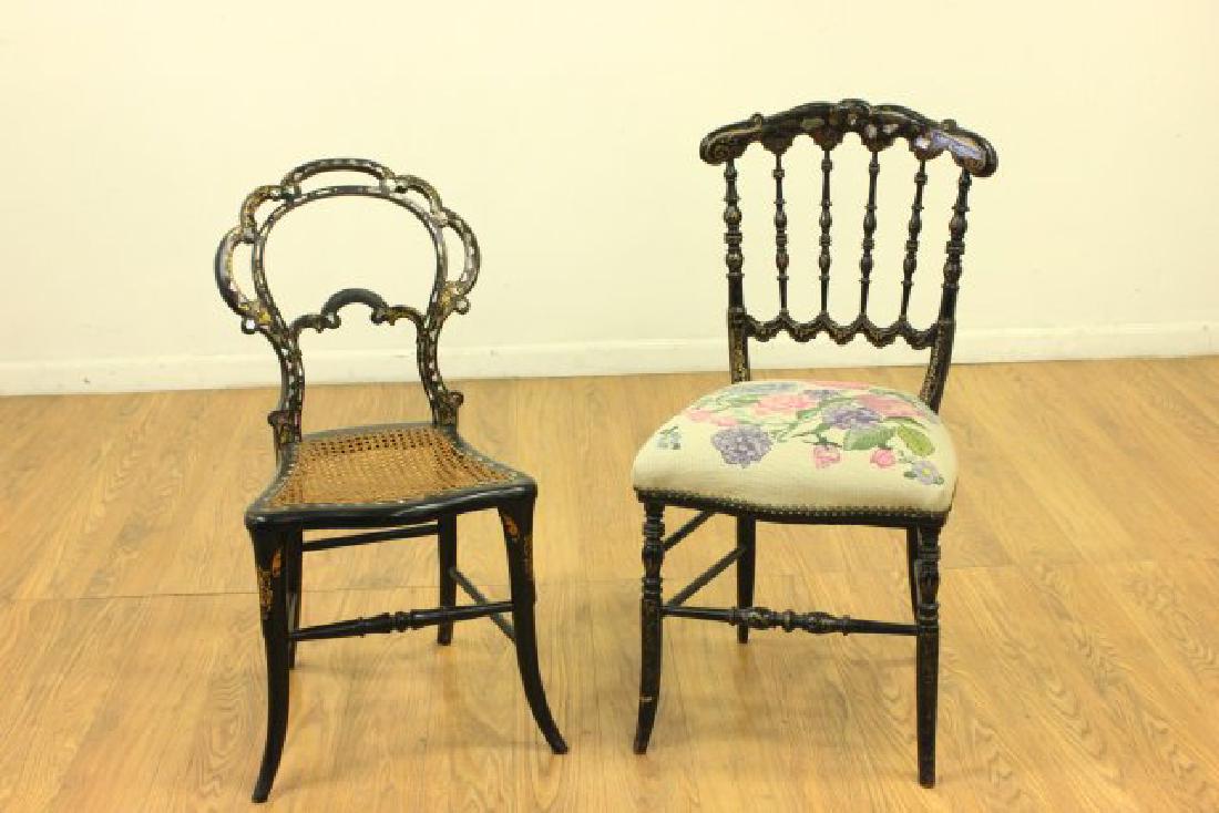 2 Victorian Papier Mache Boudoir Chairs: 1 with needlepoint seat, cane seat. Approx. 34" H and 31" H. From the estate of a NYC socialite. (7037)