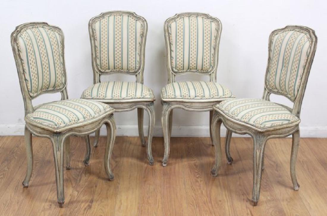 Set 4 French Style Bodart Side Chairs: Off-white paint decorated. Striped upholstery. Approx. 35 1/4" H.