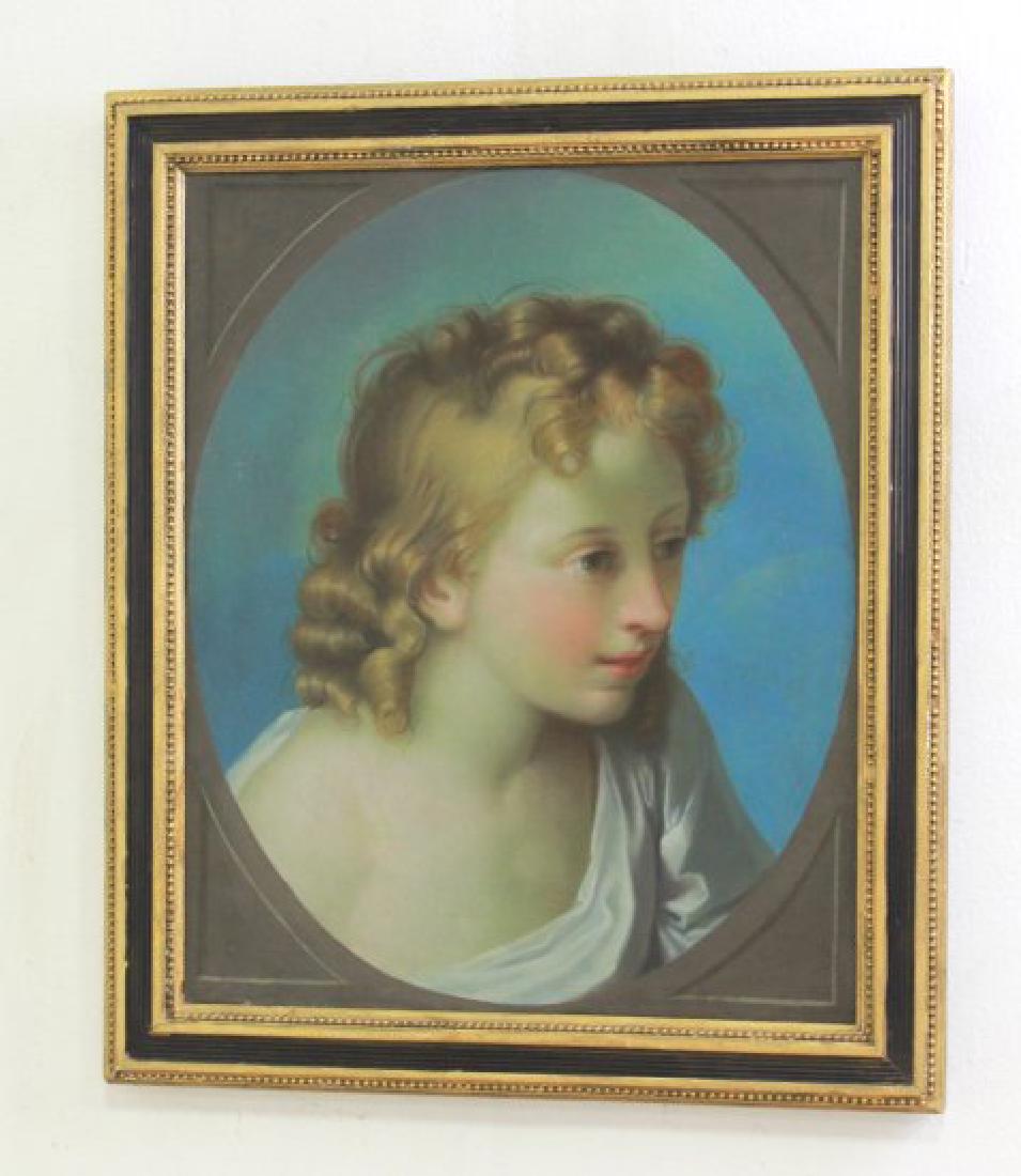 Antique Painting of Young Girl: Oil on canvas. Original wood frame. Unsigned. Approx. 20" x 16" unframed, 20" x 23 1/2" framed. Relined.