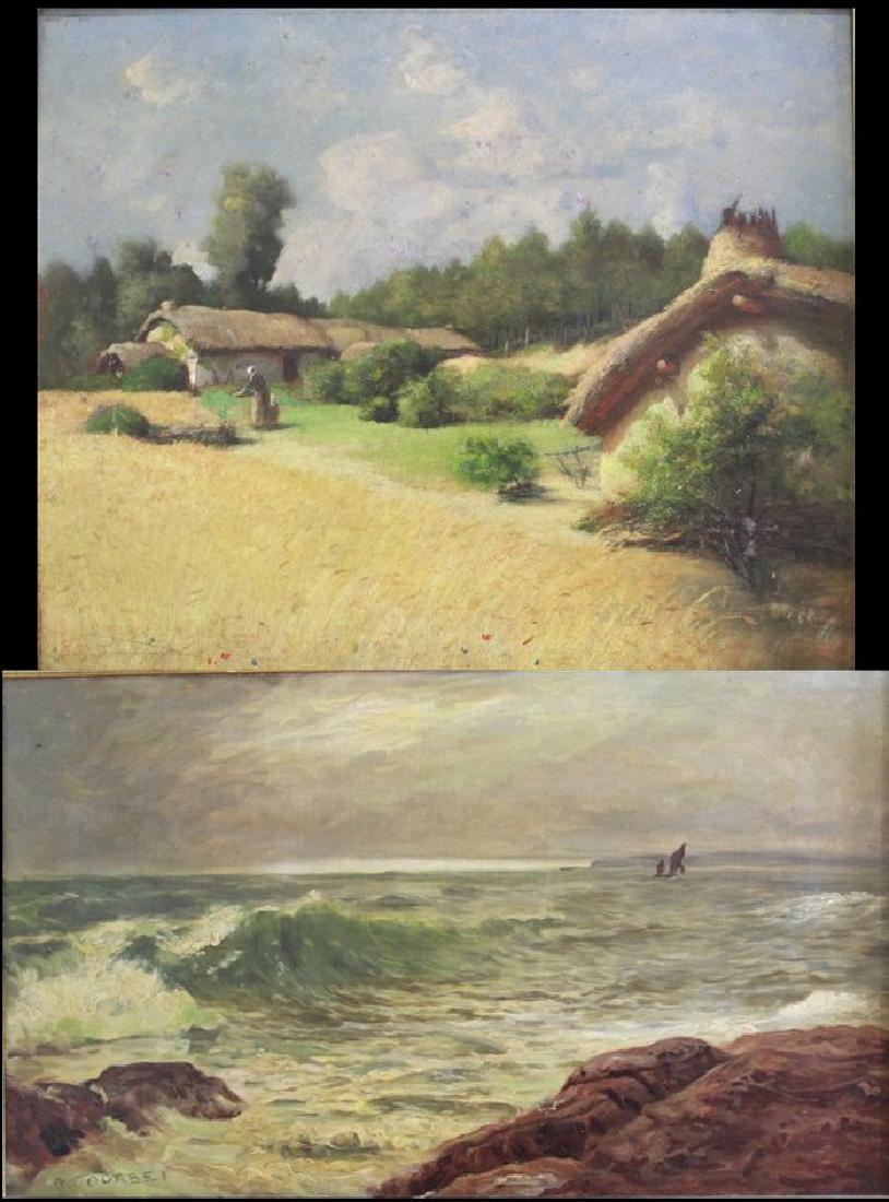 :After Courbet, Charles Daubigny, 2 Works: After Gustave Courbet, seascape, oil on board, signed lower left, approx. 17 1/2" x 30" unframed, 23" x 35" framed. Charles Edouard Daubigny, rural landscape, oil on paint board, pencil signed lower l