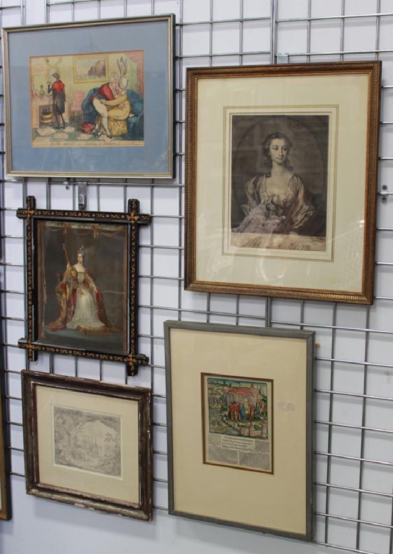 5 Prints: Including The Queen in 1839, approx. 13" x 19" sight; Italian 16th century possible drawing, labeled rear, approx. 6 1/2" x 8" sight; colored print from old book, approx. 9" x 7" sight; "Ripe Fruit or