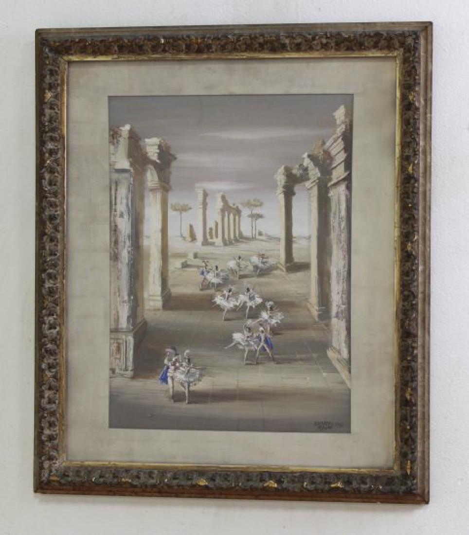 Ricardo Magni, Dancers in Ruins: Gouache. Signed and dated 1941 lower right. Ricardo Magni (1902-1952). Approx. 19" x 14" sight, 27" x 23" framed. From the estate of Bent Ove Petersen.
